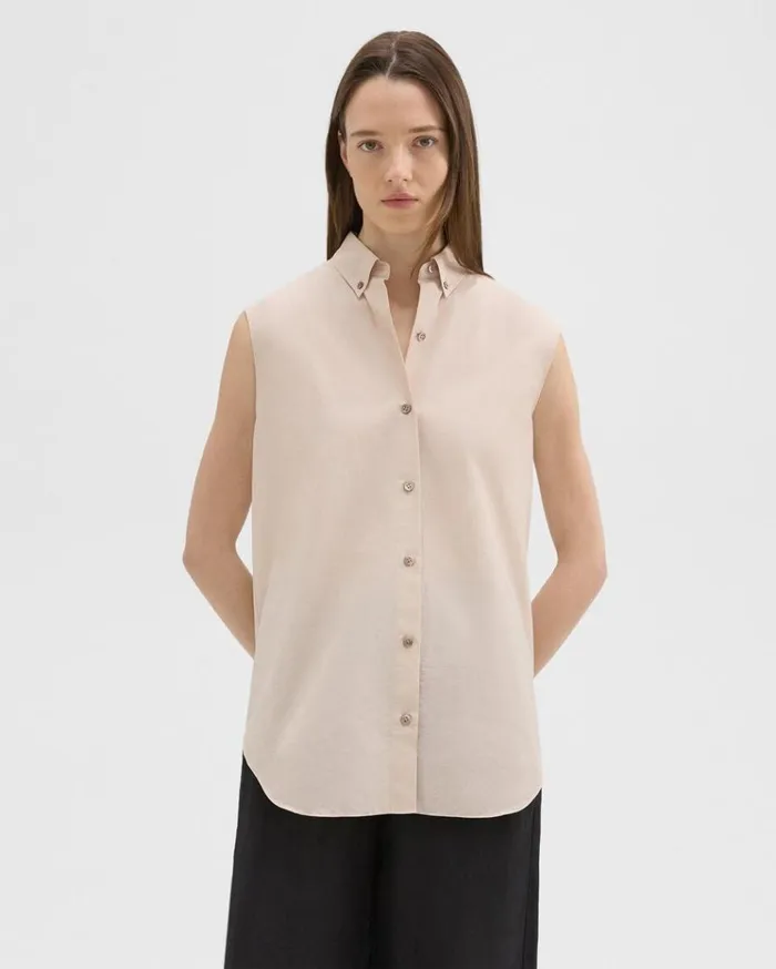 Theory Sleeveless Shirt In CottonBlend Soft Gold Women Tops
