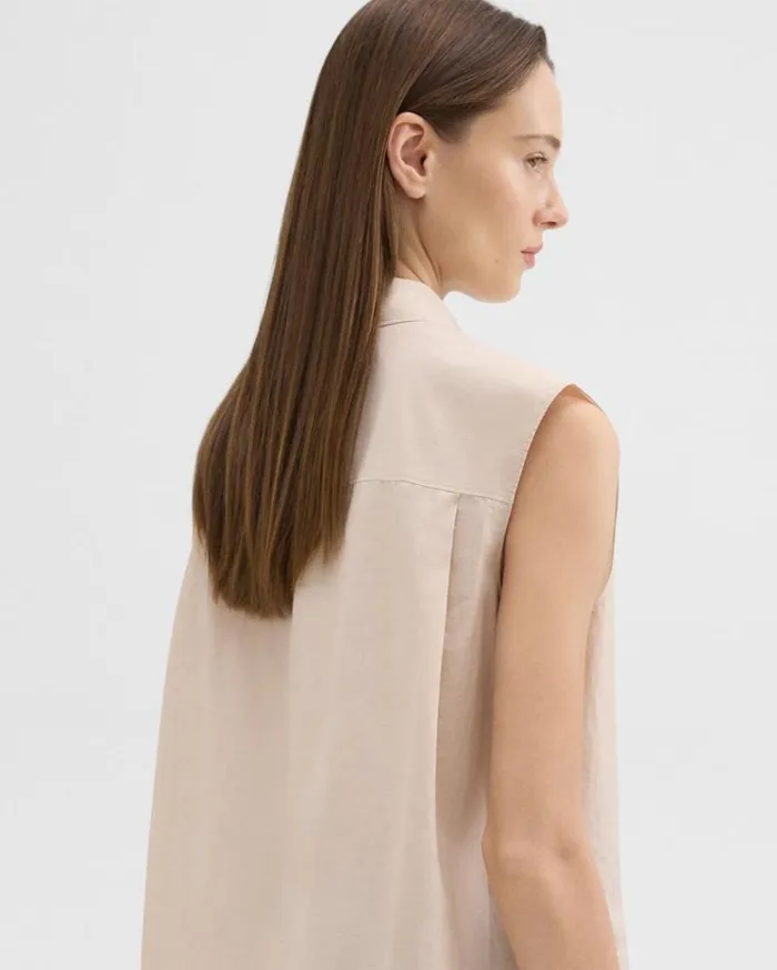 Theory Sleeveless Shirt In CottonBlend Soft Gold Women Tops Theory Sleeveless Shirt In CottonBlend Soft Gold Women Tops