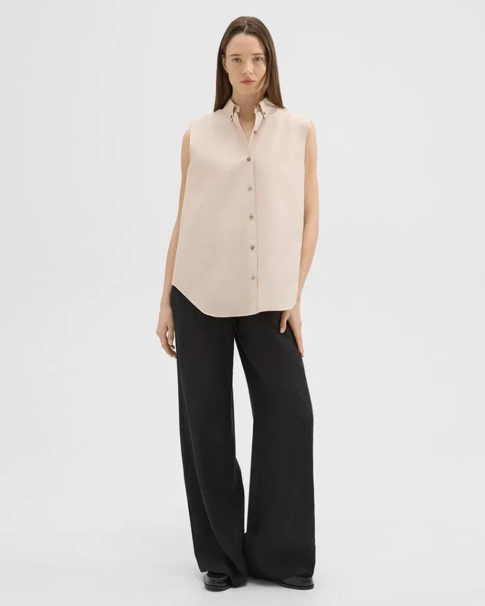 Theory Sleeveless Shirt In CottonBlend Soft Gold Women Tops Theory Sleeveless Shirt In CottonBlend Soft Gold Women Tops