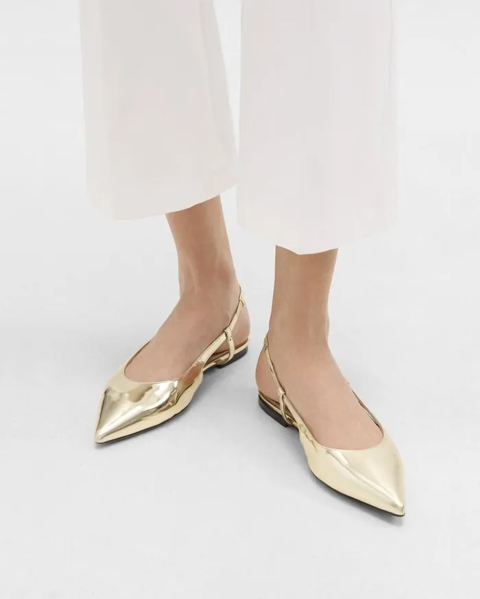 Theory Slingback Flat In Metallic Leather Light Gold Women Shoes