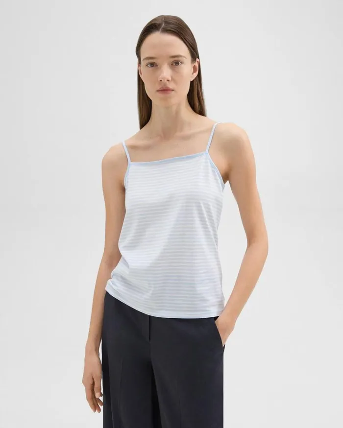 Theory Square Neck Tank In Striped Pima Cotton Skylightwhite Women TShirts Tank Tops