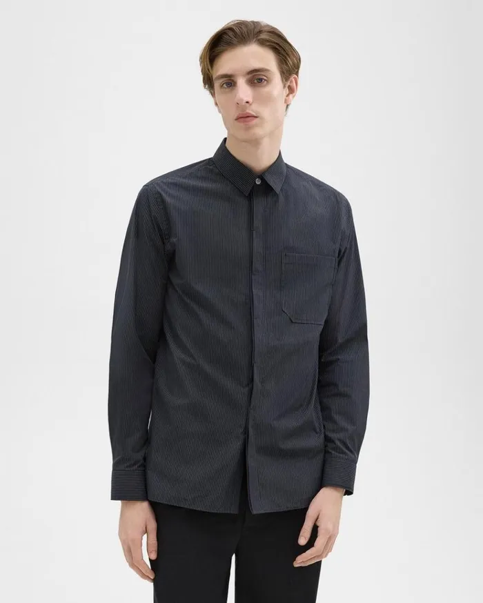 Theory Striped CottonBlend Shirt Black Multi Men Shirts