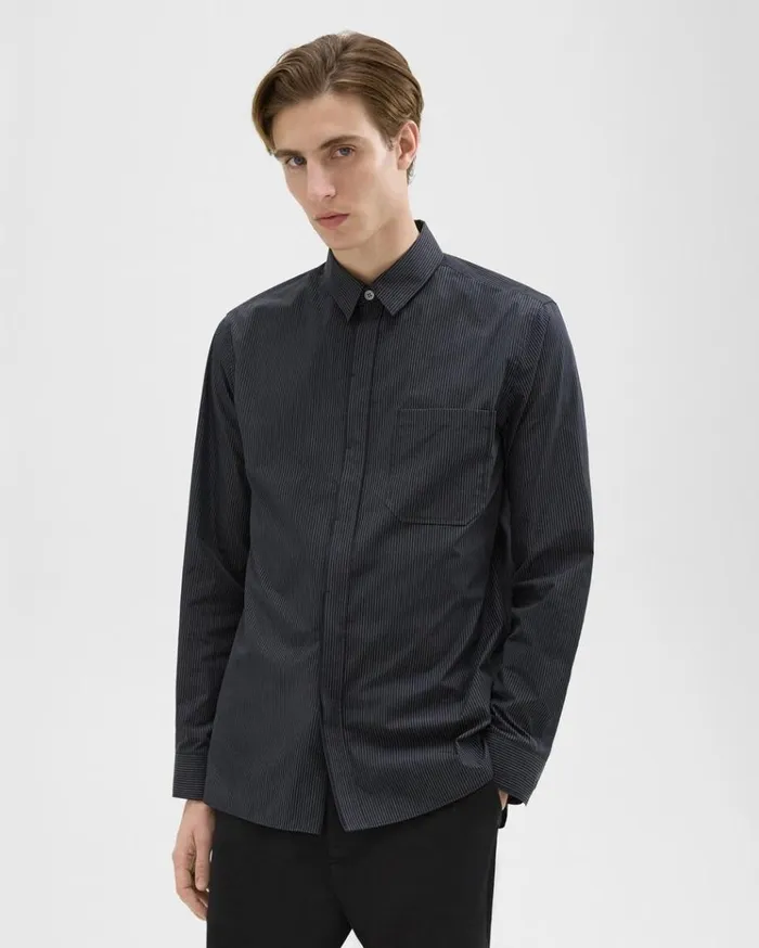 Theory Striped CottonBlend Shirt Black Multi Men Shirts