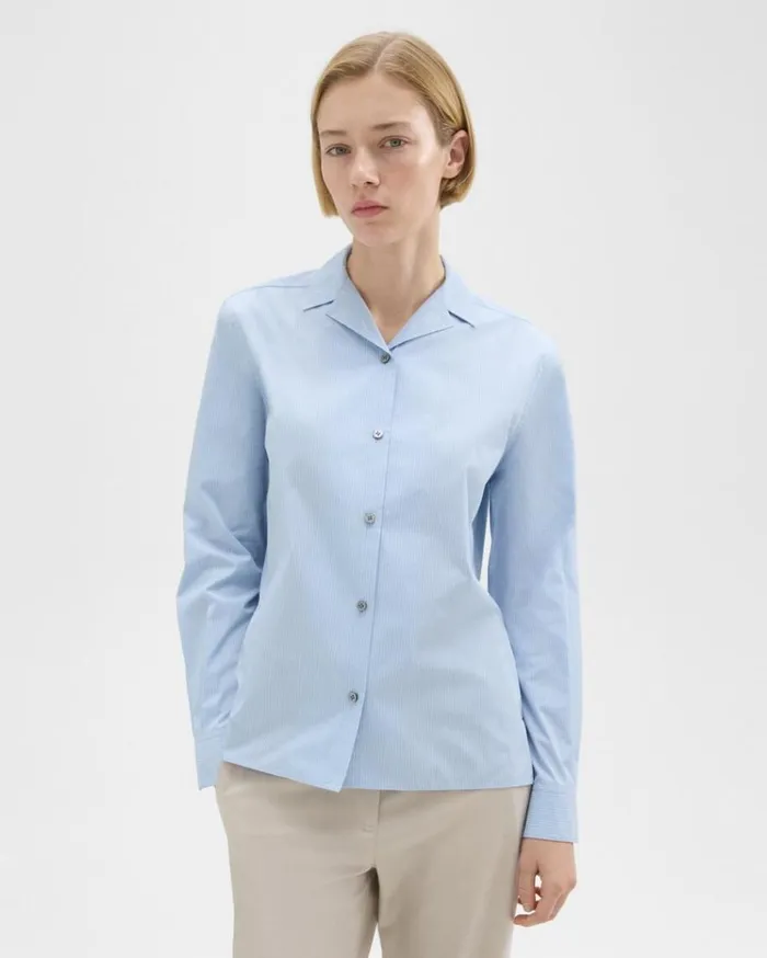 Theory Striped CottonBlend Shirt Light Blue Multi Women Tops