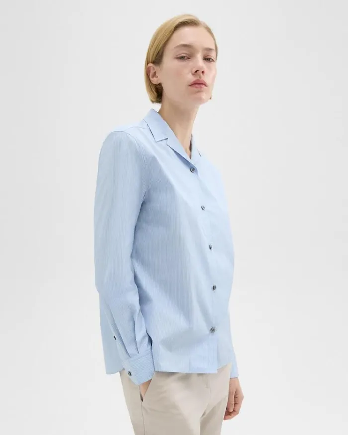 Theory Striped CottonBlend Shirt Light Blue Multi Women Tops
