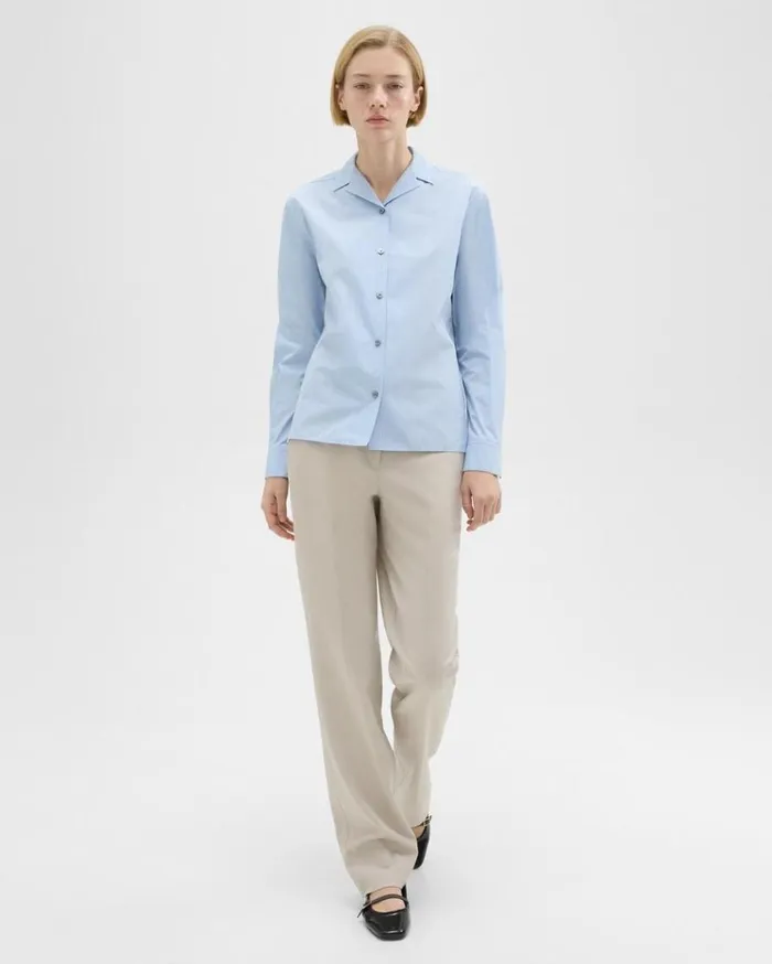 Theory Striped CottonBlend Shirt Light Blue Multi Women Tops