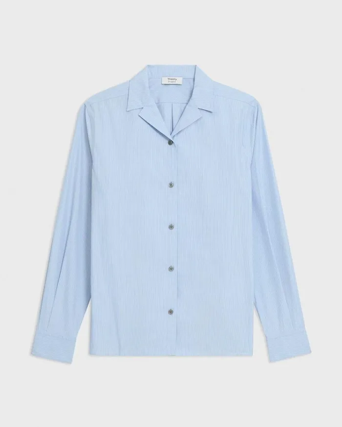 Theory Striped CottonBlend Shirt Light Blue Multi Women Tops