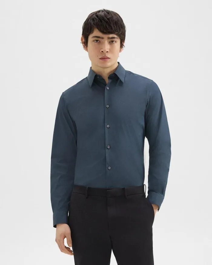 Theory Sylvain Shirt In Good Cotton Deep Sea Blue Men Shirts