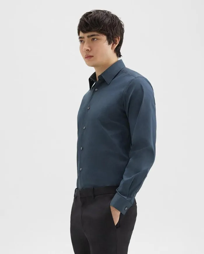 Theory Sylvain Shirt In Good Cotton Deep Sea Blue Men Shirts