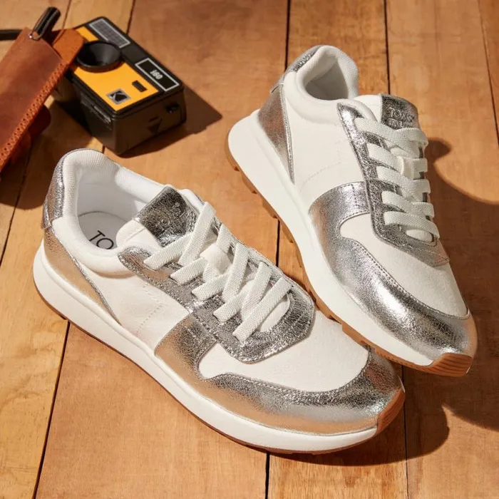 Toms Slip Ons TRVL LITE Retro Runner Sneaker Water Repellent Silver Crinkle Metallic Leather And Vintage Twill 8211 Women Toms Slip Ons TRVL LITE Retro Runner Sneaker Water Repellent Silver Crinkle Metallic Leather And Vintage Twill 8211 Women
