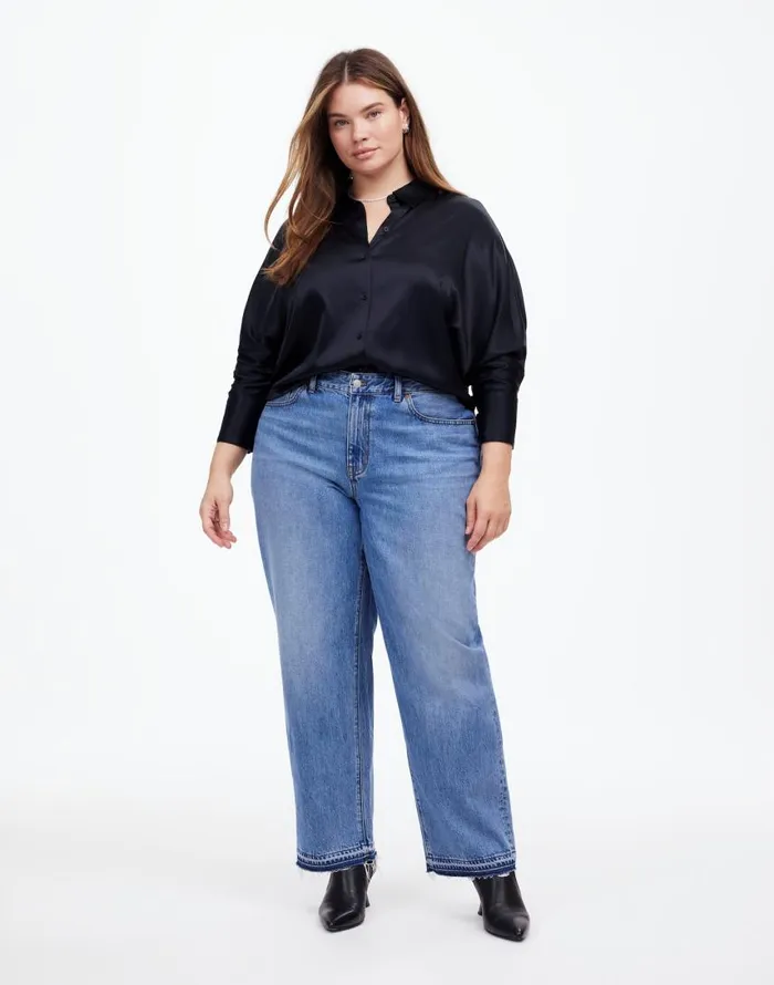 Tops and Shirts Women Madewell Plus Relaxed Dolman ButtonUp Shirt In Satin True Black