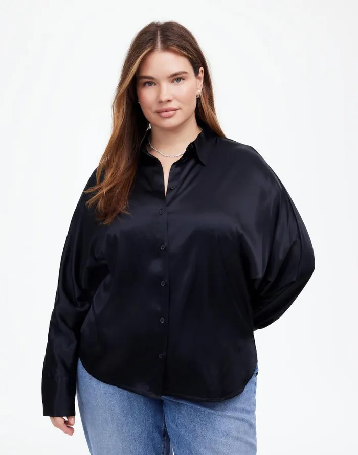 Tops and Shirts Women Madewell Plus Relaxed Dolman ButtonUp Shirt In Satin True Black