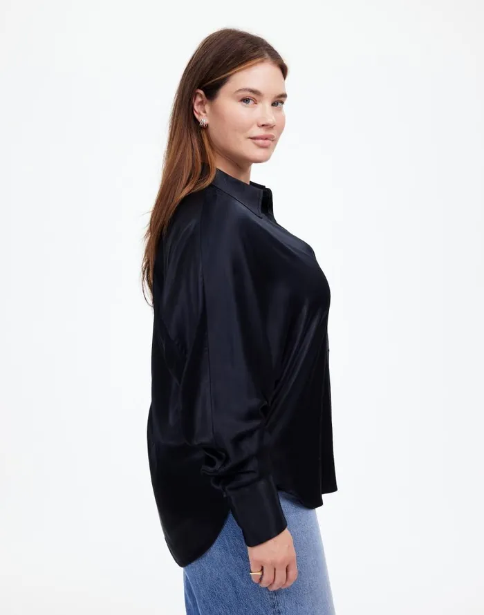 Tops and Shirts Women Madewell Plus Relaxed Dolman ButtonUp Shirt In Satin True Black