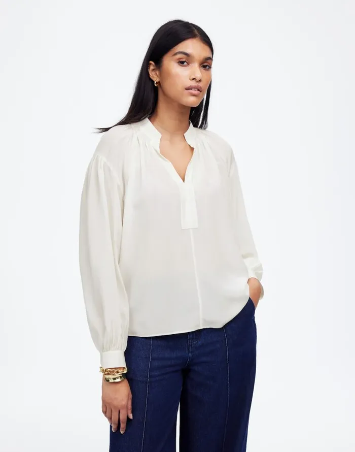 Tops and Shirts Women Madewell Shirred LongSleeve Top In Silk Winter White
