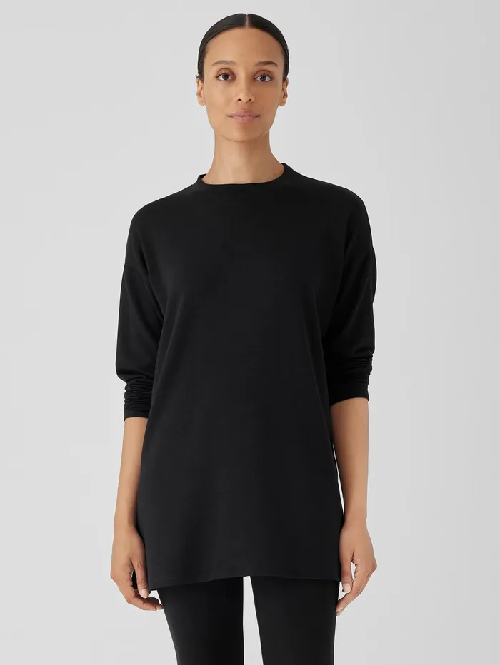 Tops and Tees Women Eileen Fisher Cozy Brushed Terry Hug Crew Neck Long Top Black Tops and Tees Women Eileen Fisher Cozy Brushed Terry Hug Crew Neck Long Top Black