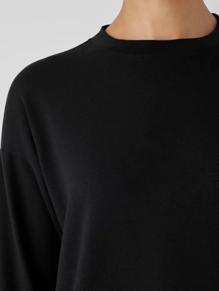 Tops and Tees Women Eileen Fisher Cozy Brushed Terry Hug Crew Neck Long Top Black