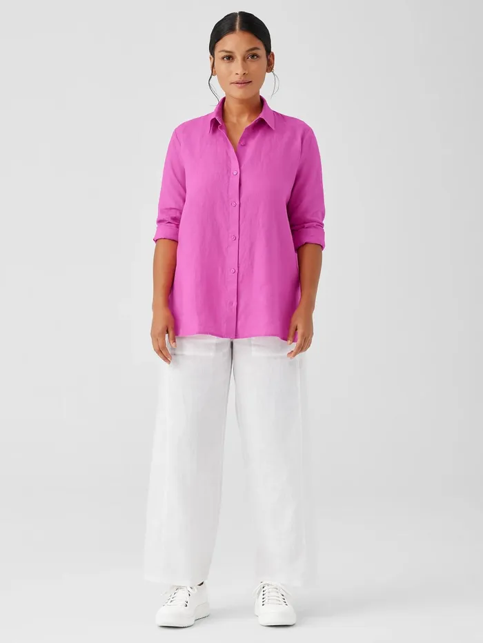 Tops and Tees Women Eileen Fisher Organic Handkerchief Linen Classic Collar Shirt Black