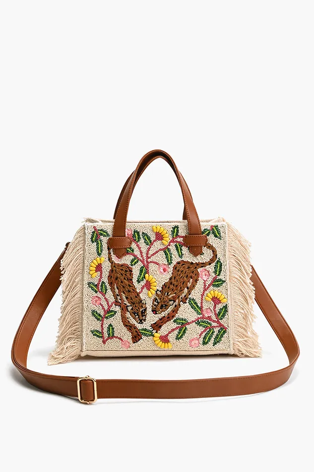 Totes America and Beyond Women Temur Leopard Fringed Tote