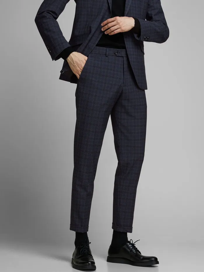 Trousers JACK and JONES Mens CHECKED TAILORED TROUSERS Blue Dark Navy