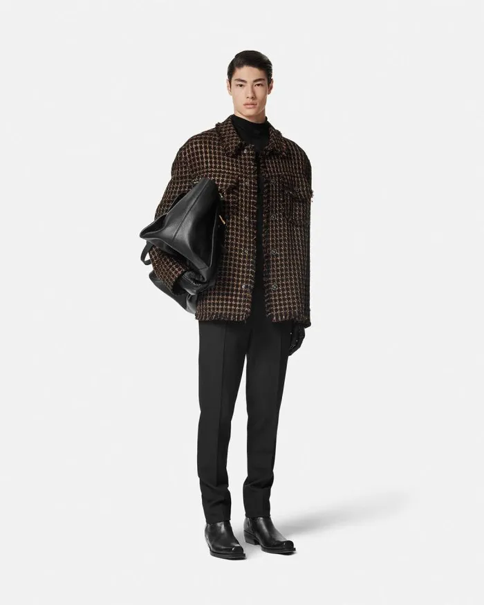 Tweed Overshirt Brown Men Versace Jackets and Coats