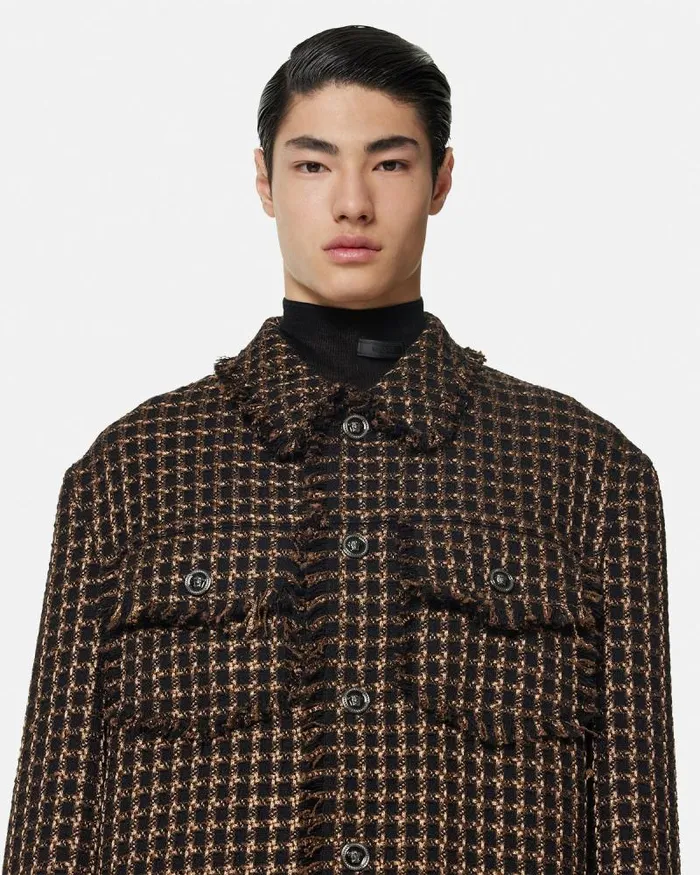 Tweed Overshirt Brown Men Versace Jackets and Coats