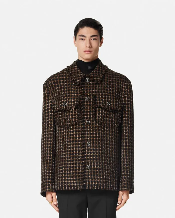 Tweed Overshirt Brown Men Versace Jackets and Coats