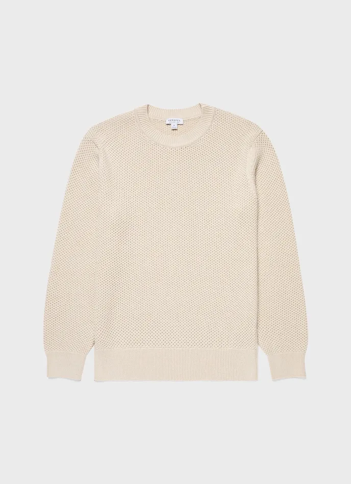 ussunspel Knitwear Men Honeycomb Cotton Crew Neck Jumper Ecru