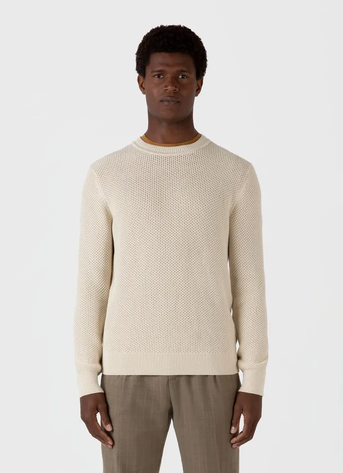 ussunspel Knitwear Men Honeycomb Cotton Crew Neck Jumper Ecru ussunspel Knitwear Men Honeycomb Cotton Crew Neck Jumper Ecru