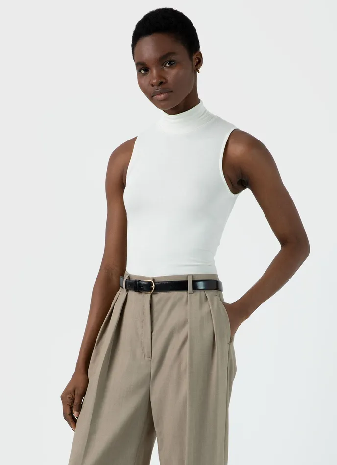 ussunspel Sleeveless High Neck Top Ecru Women Tshirts and Tops
