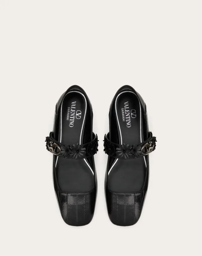 Valentino Ballerinas Woman Vlogo Locker Maryjane Ballerina In Eel With Flower Application For Woman In Black Black Valentino Ballerinas Woman Vlogo Locker Maryjane Ballerina In Eel With Flower Application For Woman In Black Black