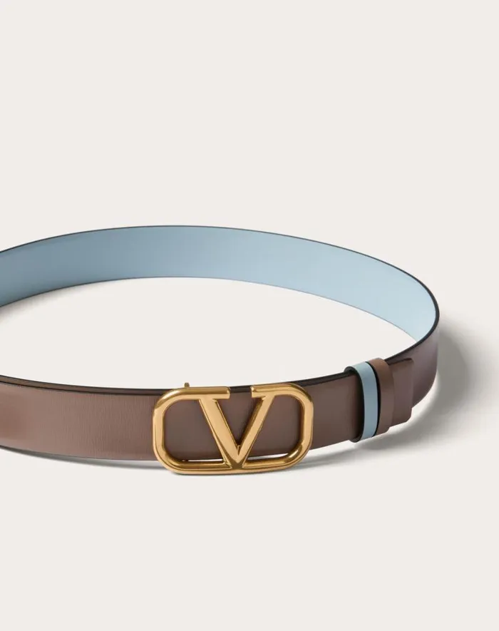 Valentino Belts Woman Reversible Vlogo Signature Belt In Glossy Calfskin 30 Mm For Woman In Smokey Beigeblack Smokey Beigeblack