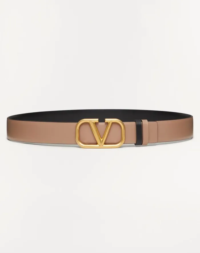 Valentino Belts Woman Reversible Vlogo Signature Belt In Glossy Calfskin 30 Mm For Woman In Smokey Beigeblack Smokey Beigeblack