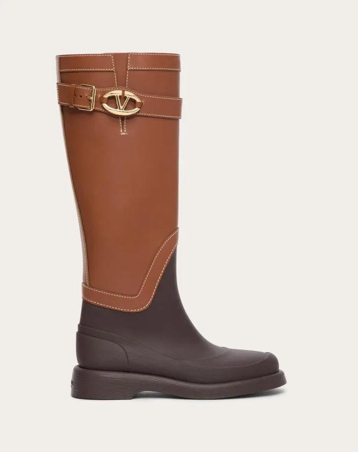 Valentino Boots Woman Vlogo The Bold Edition Boot In Rubber And Calfskin 35mm For Woman In Tobacco Tobacco Valentino Boots Woman Vlogo The Bold Edition Boot In Rubber And Calfskin 35mm For Woman In Tobacco Tobacco