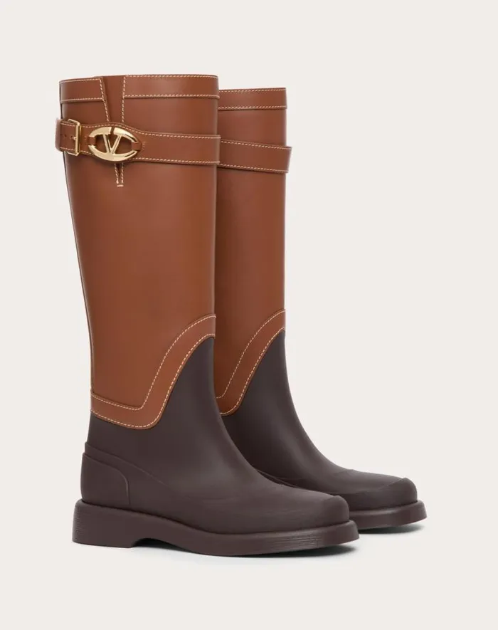Valentino Boots Woman Vlogo The Bold Edition Boot In Rubber And Calfskin 35mm For Woman In Tobacco Tobacco Valentino Boots Woman Vlogo The Bold Edition Boot In Rubber And Calfskin 35mm For Woman In Tobacco Tobacco