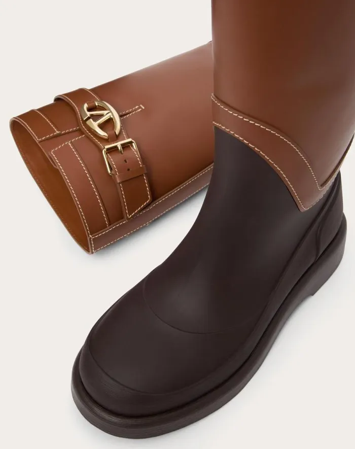 Valentino Boots Woman Vlogo The Bold Edition Boot In Rubber And Calfskin 35mm For Woman In Tobacco Tobacco Valentino Boots Woman Vlogo The Bold Edition Boot In Rubber And Calfskin 35mm For Woman In Tobacco Tobacco