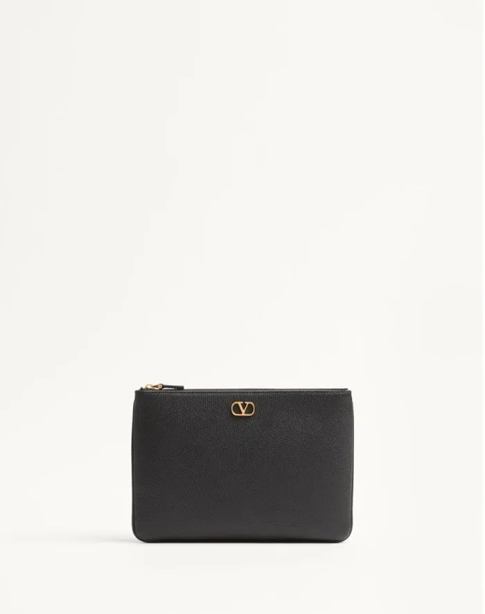 Valentino Clutches Woman Vlogo Signature Grainy Calfskin Clutch Bag For Woman In Black Black