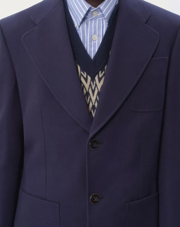 Valentino Coats And Blazers Man Singlebreasted Wool Gabardine Jacket For Man In Indigo Indigo Valentino Coats And Blazers Man Singlebreasted Wool Gabardine Jacket For Man In Indigo Indigo