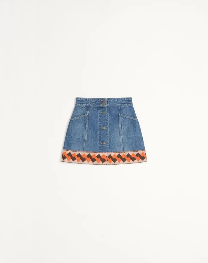 Valentino Denim Woman Denim Skirt With Jacquard Trims For Woman In Denim Denim