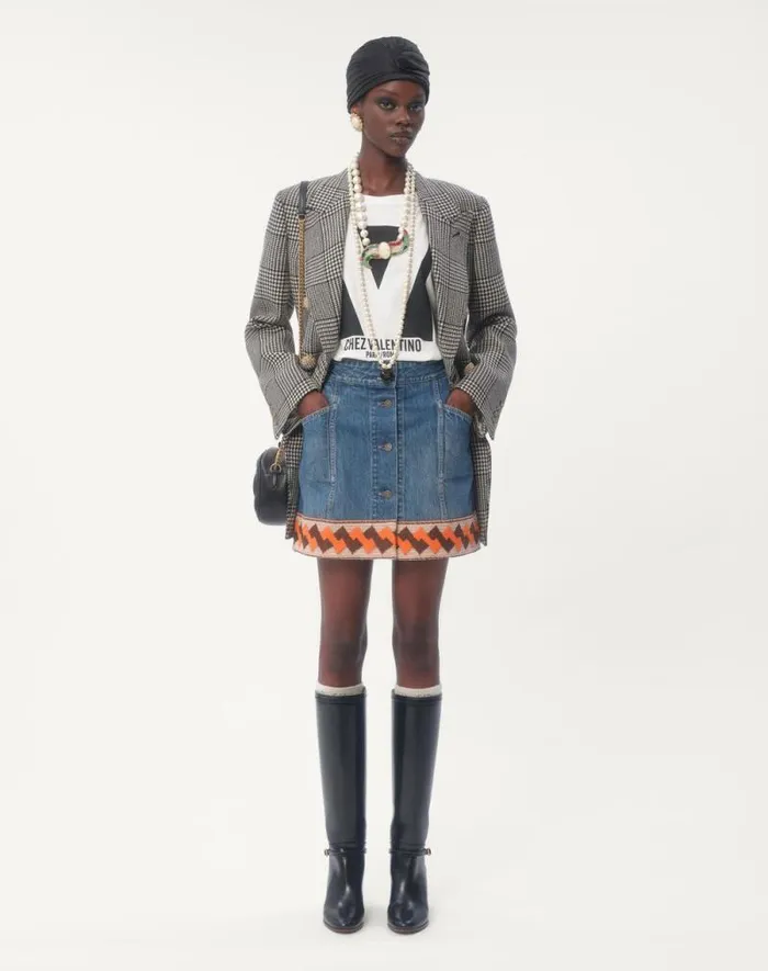 Valentino Denim Woman Denim Skirt With Jacquard Trims For Woman In Denim Denim Valentino Denim Woman Denim Skirt With Jacquard Trims For Woman In Denim Denim