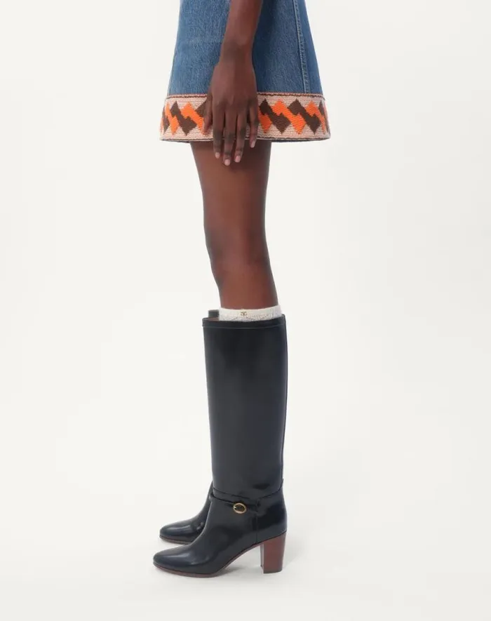Valentino Denim Woman Denim Skirt With Jacquard Trims For Woman In Denim Denim Valentino Denim Woman Denim Skirt With Jacquard Trims For Woman In Denim Denim
