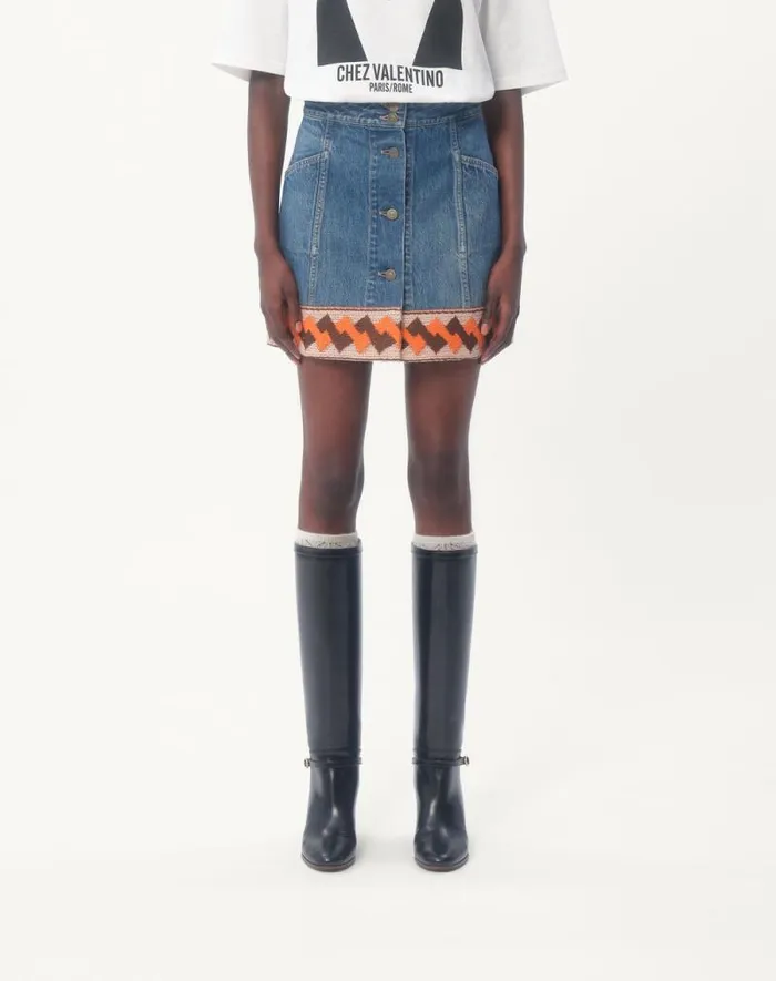 Valentino Denim Woman Denim Skirt With Jacquard Trims For Woman In Denim Denim Valentino Denim Woman Denim Skirt With Jacquard Trims For Woman In Denim Denim