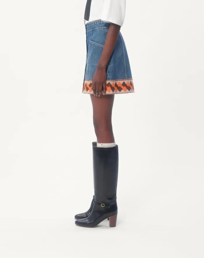 Valentino Denim Woman Denim Skirt With Jacquard Trims For Woman In Denim Denim Valentino Denim Woman Denim Skirt With Jacquard Trims For Woman In Denim Denim