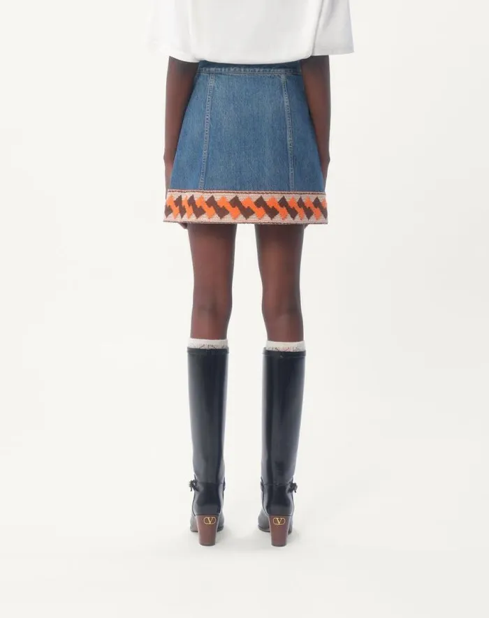 Valentino Denim Woman Denim Skirt With Jacquard Trims For Woman In Denim Denim Valentino Denim Woman Denim Skirt With Jacquard Trims For Woman In Denim Denim