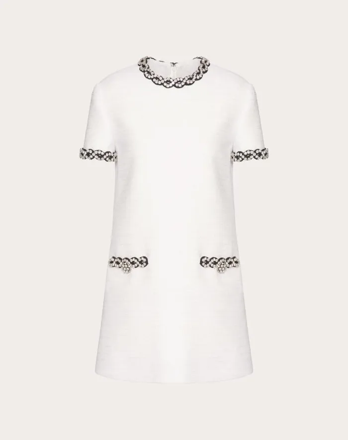 Valentino Dresses Woman Embroidered Crisp Tweed Short Dress For Woman In Ivoryblack Ivoryblack