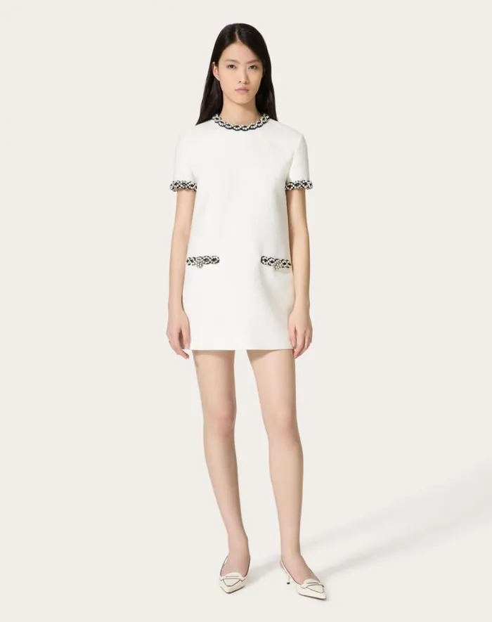 Valentino Dresses Woman Embroidered Crisp Tweed Short Dress For Woman In Ivoryblack Ivoryblack Valentino Dresses Woman Embroidered Crisp Tweed Short Dress For Woman In Ivoryblack Ivoryblack