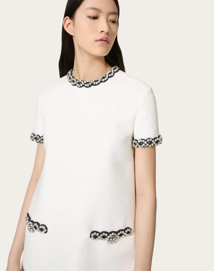 Valentino Dresses Woman Embroidered Crisp Tweed Short Dress For Woman In Ivoryblack Ivoryblack Valentino Dresses Woman Embroidered Crisp Tweed Short Dress For Woman In Ivoryblack Ivoryblack