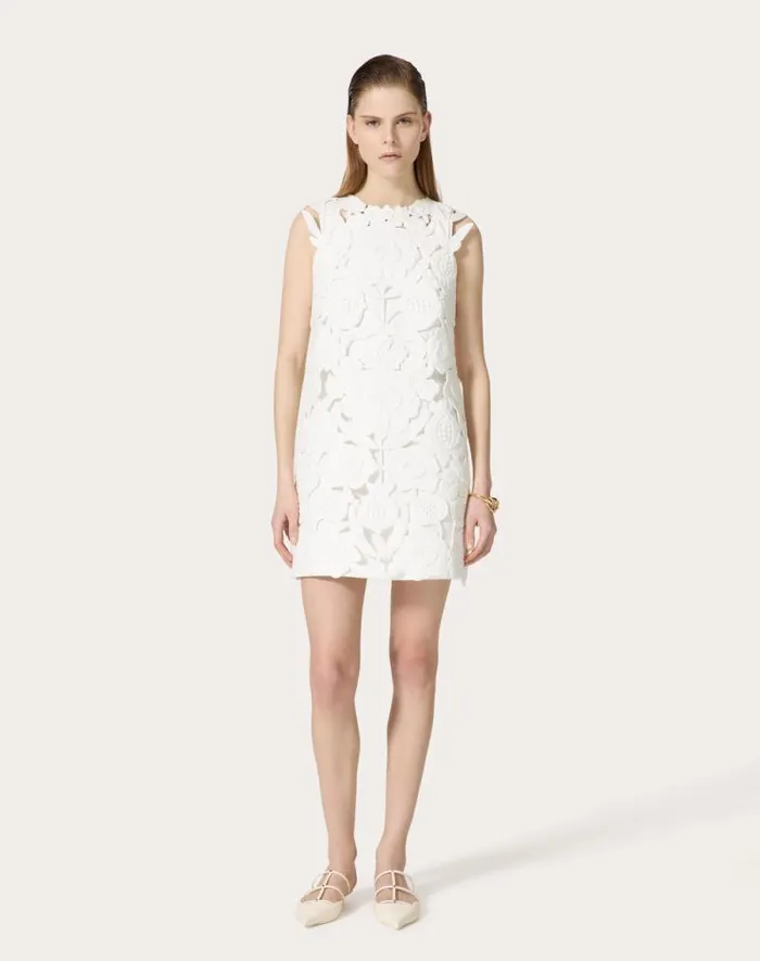 Valentino Dresses Woman Embroidered Light Double Splittable Gabardine Short Dress For Woman In White White Valentino Dresses Woman Embroidered Light Double Splittable Gabardine Short Dress For Woman In White White