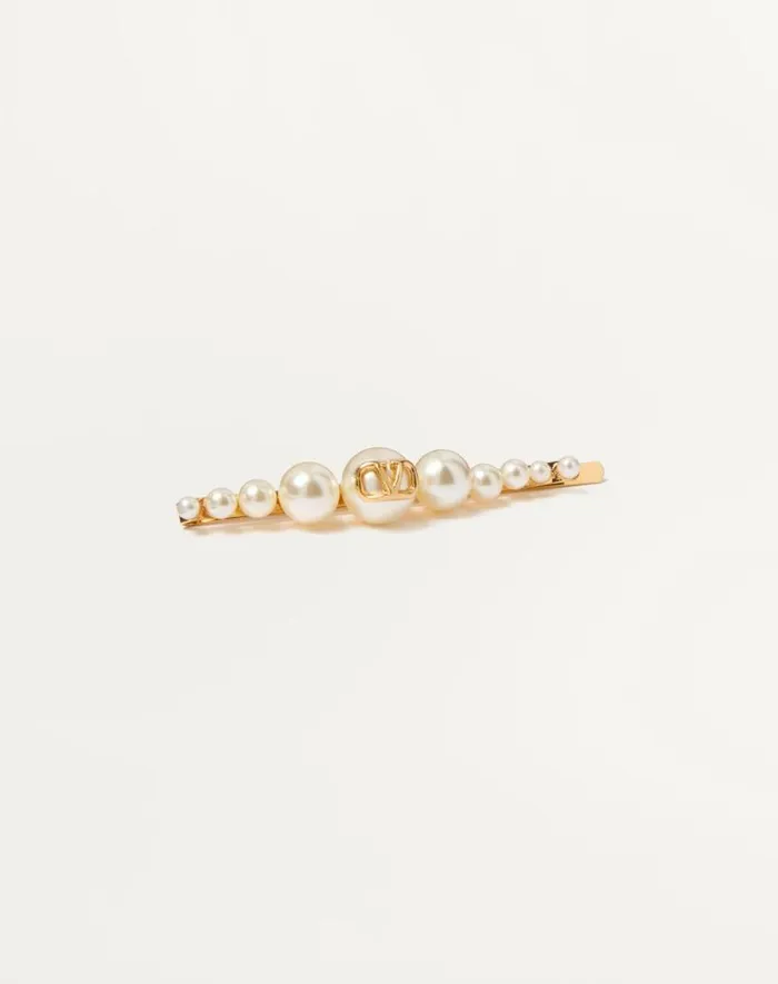 Valentino Hair Accessories Woman Vlogo Signature Metal And Pearl Hair Clip For Woman In Gold Gold Valentino Hair Accessories Woman Vlogo Signature Metal And Pearl Hair Clip For Woman In Gold Gold