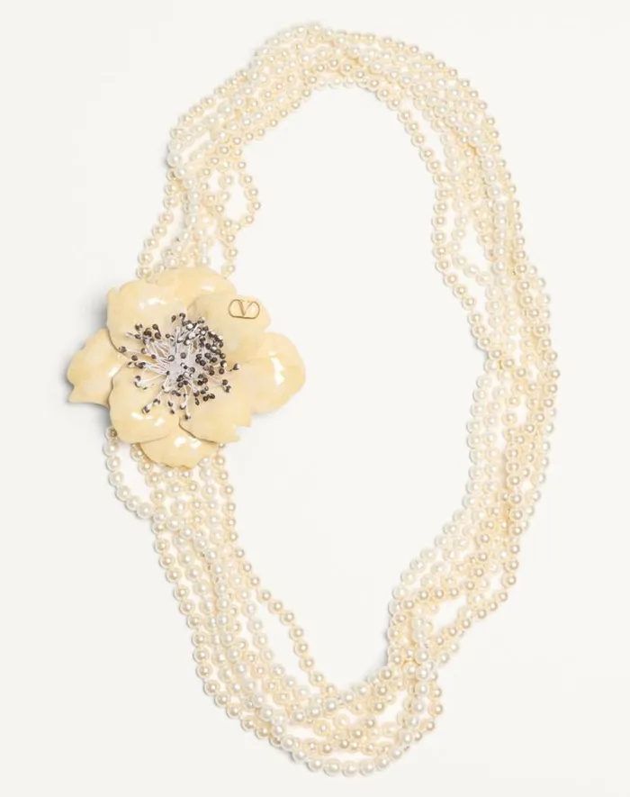 Valentino Jewelry Woman Fleur Lumineuse Necklace In Metal Enamel Pearls And Fabric For Woman In Multicolor Multicolor Valentino Jewelry Woman Fleur Lumineuse Necklace In Metal Enamel Pearls And Fabric For Woman In Multicolor Multicolor