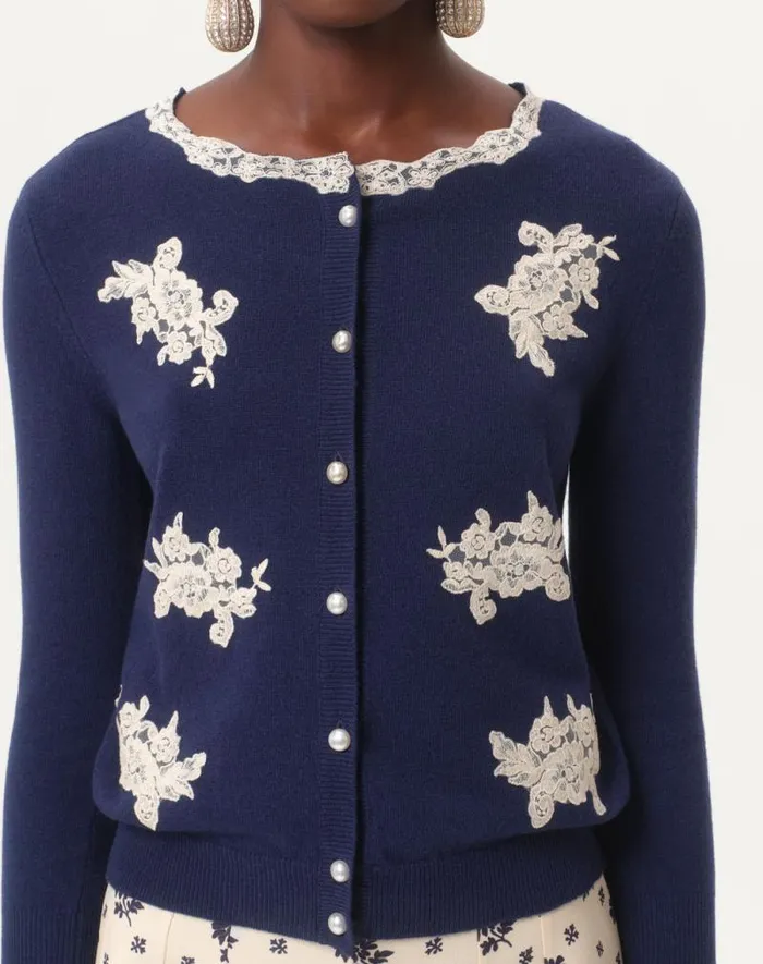Valentino Knitwear Woman Embroidered Wool And Lace Cardigan For Woman In Ivorypink Ivorypink